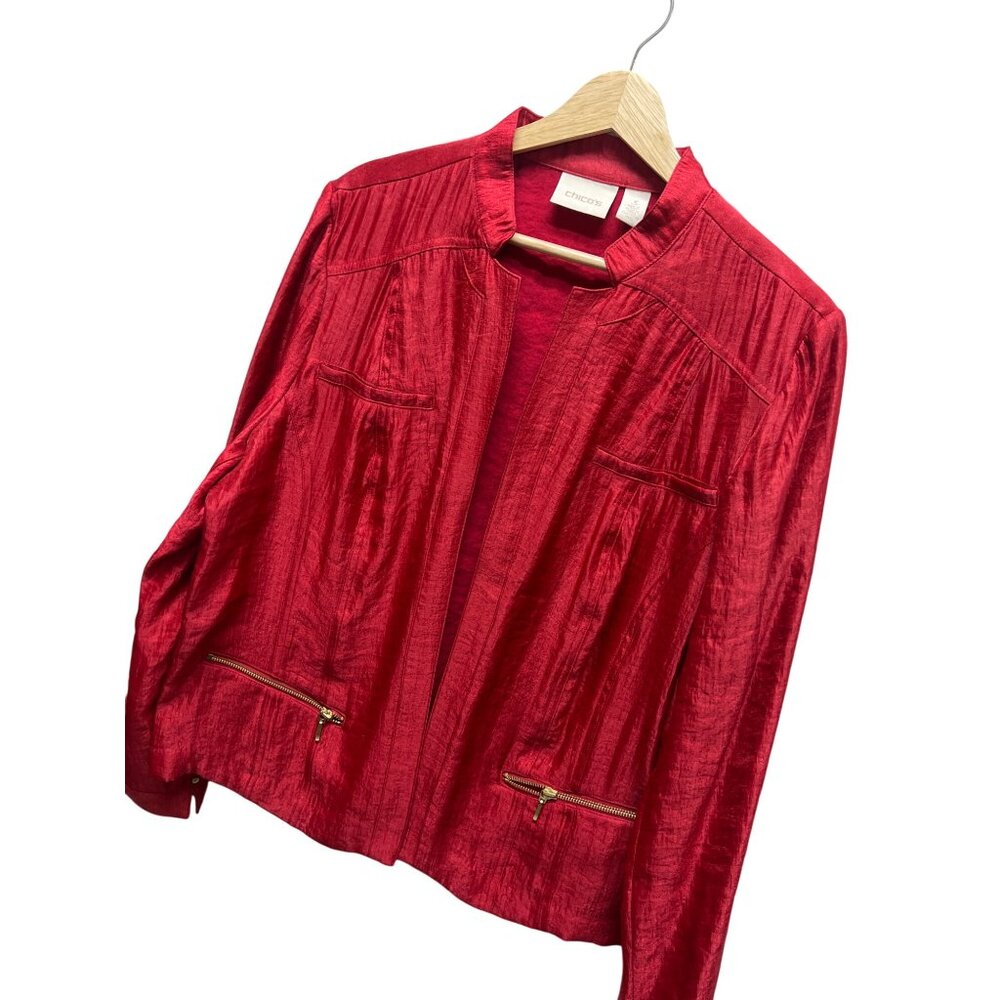 Chico's Red Open Front Gold Zipper Blazer Jacket